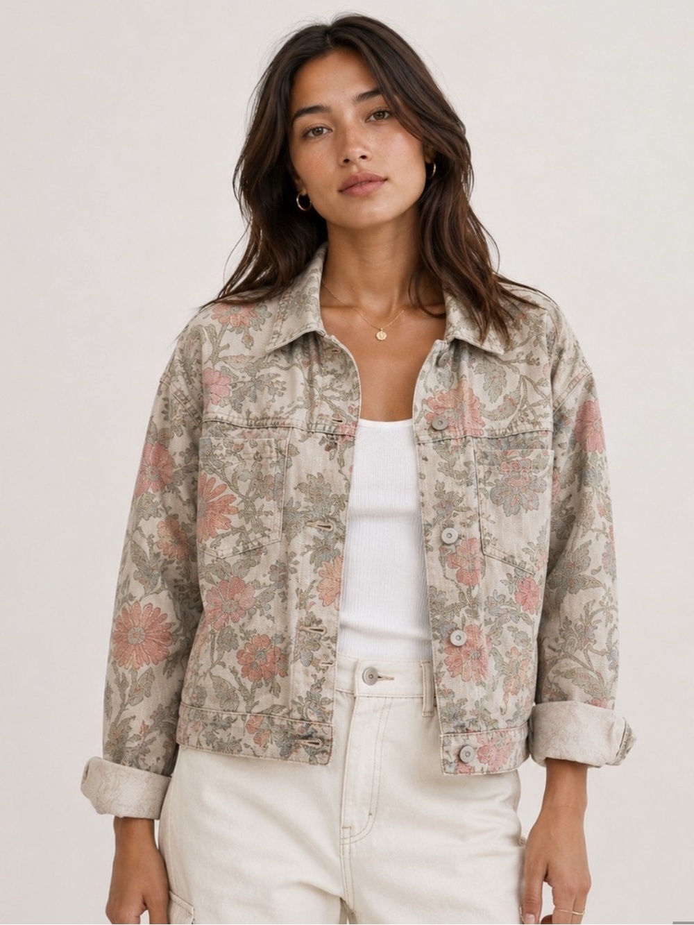 Free People Beige and Pink Floral Denim Jacket